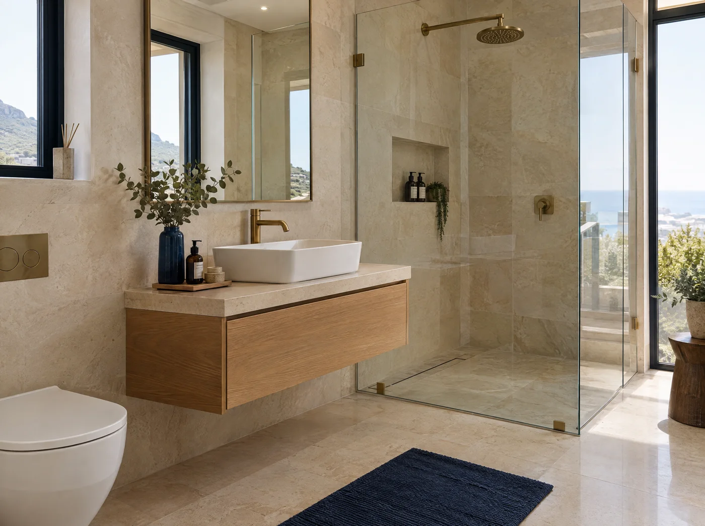 Illustrative contemporary bathroom with oak vanity, brass fittings and a glass shower