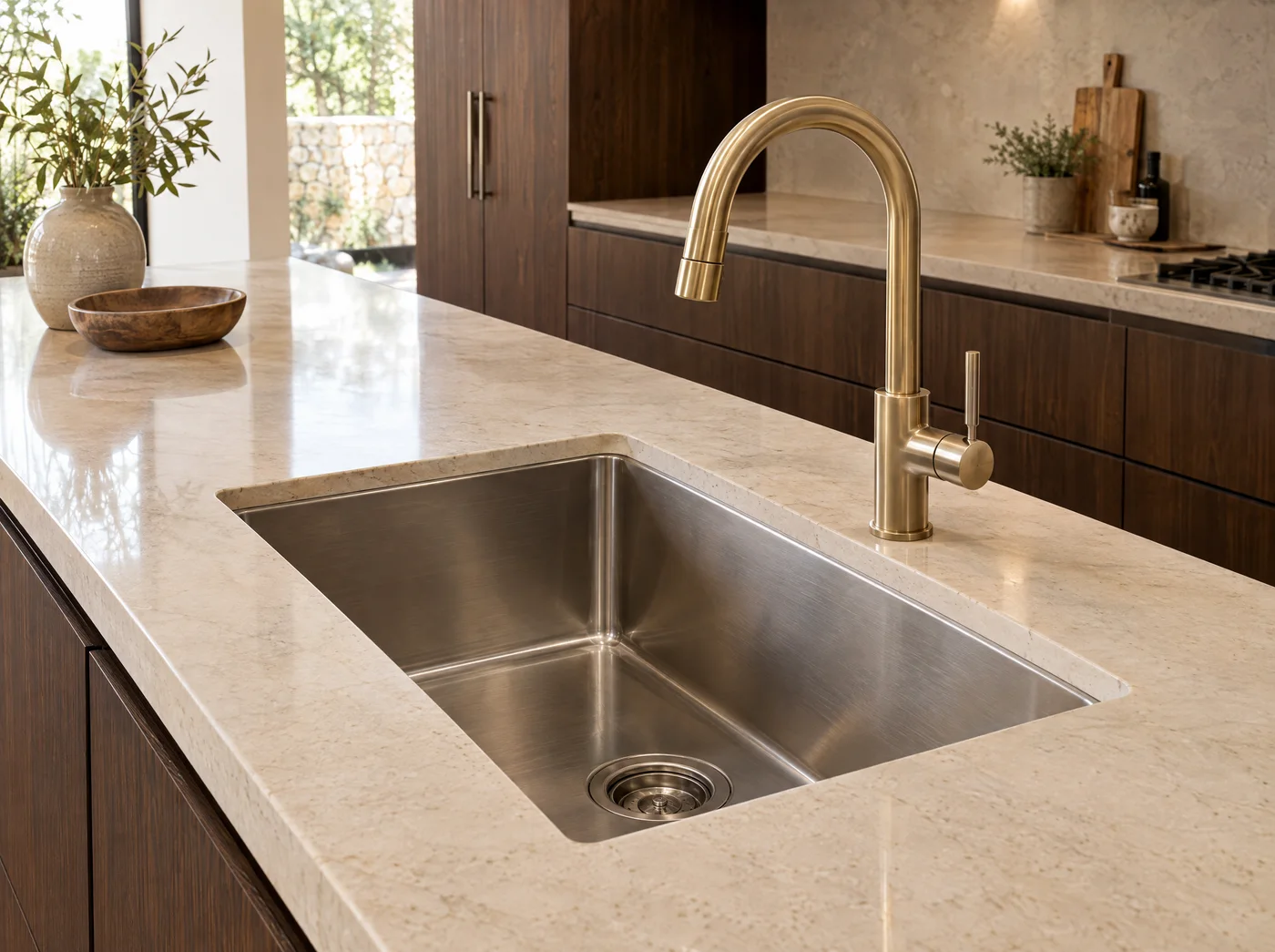 Illustrative kitchen sink with brushed brass mixer and stone countertop