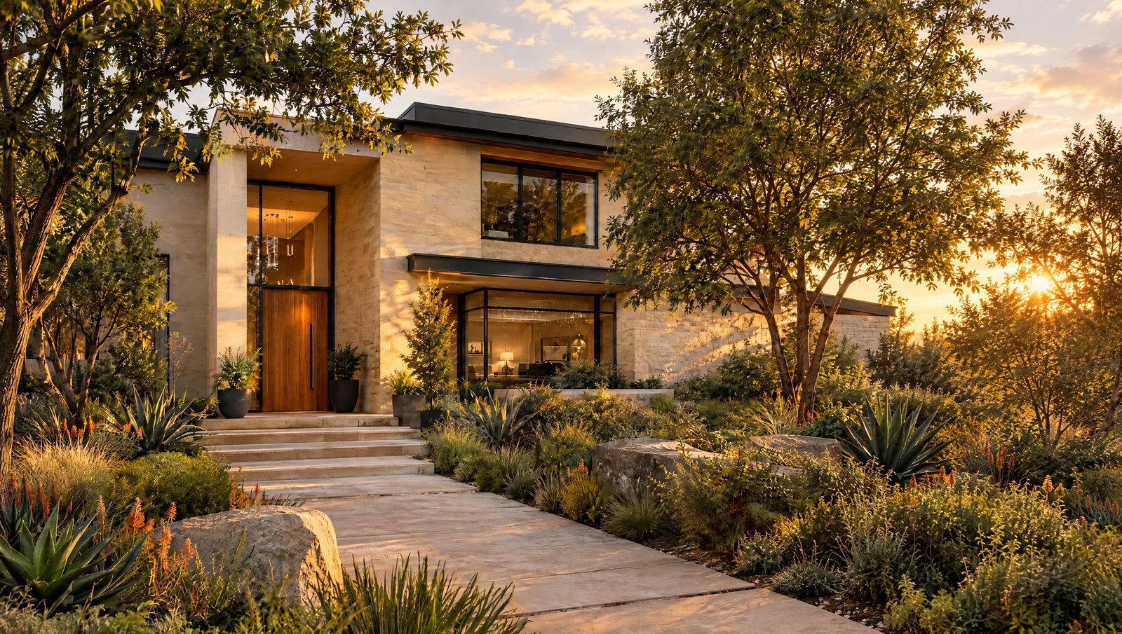 Illustrative landscaped Highveld home in warm evening light